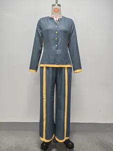 Women's two-piece contrast color patchwork set with long sleeve top and wide leg pants