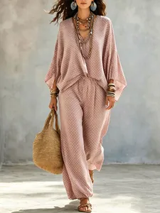 Bohemian polka dot two-piece set with batwing sleeve top and matching loose trousers