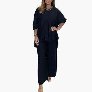 Elegante set da relax nero a due pezzi da donna con top ampio e pantaloni larghi