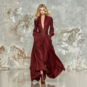 Elegantes Damen Langarm Maxikleid Satin-Finish V-Ausschnitt Einfarbig Großer Saum Lockeres Langes Kleid Mit Gürtel Für Party Alltagsmode