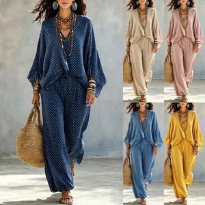 Women Top And Bottom Polka Dot Print Batwing Sleeve V-Neck Loose Vintage Casual Spring Autumn Two Piece Pants Set Outfit