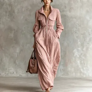 Franse stijl stoffig roze linnen maxi-jurk met ritssluiting aan de voorzijde en revers