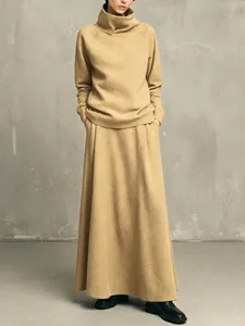 Minimalist camel solid color turtleneck sweatshirt and matching long skirt two-piece set