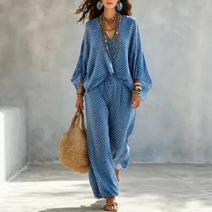 Bohemian polka dot two-piece outfit featuring batwing sleeve top and wide leg pants