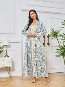 Dames Elegante Polyester Bloemenprint Maxi-jurk Lange Mouw Foliepersen Strass Etnische Stijl Abaya Jurk Met Riem