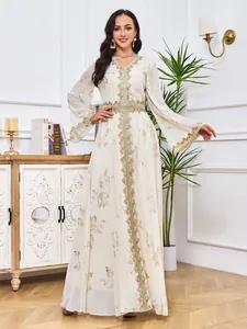 Vestido Largo Elegante de Poliéster Estilo Étnico Bronceado Cuello en V Manga Larga Kaftan Abaya Con Cinturón para Boda