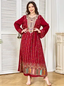 Robe Longue de Style Ethnique pour Femmes Brodée de Paillettes Élégante Robe de Soirée à Manches Longues en Polyester