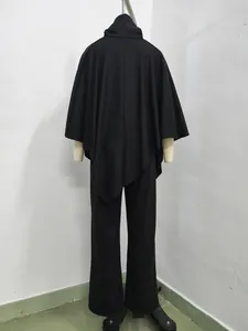 Back view of black hooded cape and wide-leg pants two-piece set displayed on a mannequin