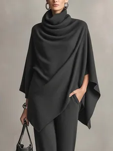 Elegant dark grey turtle-neck poncho and wide-leg trousers matching set for women