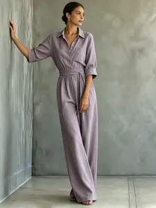 Elegant purple linen short sleeve jumpsuit with wide leg and waist tie for women