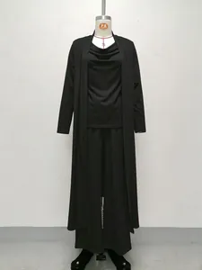 Ensemble 3 pièces noir minimaliste pour femme avec haut drapé, long cardigan et pantalon