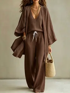 Ensemble 3 pièces marron style lin avec cardigan, débardeur et pantalon large