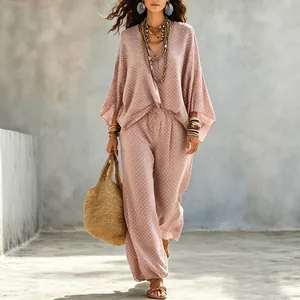 Bohemian polka dot two-piece set with batwing sleeve top and relaxed long trousers