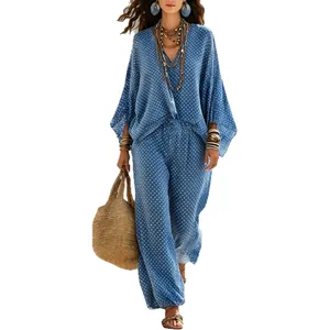 Blue polka dot two-piece set with batwing sleeve top and loose pants for women
