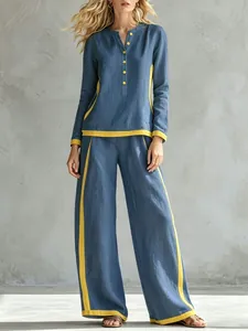 Stylish blue and yellow contrast patchwork loungewear set with wide-leg trousers