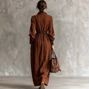 Elegante bruine maxi-jurk in Franse stijl met reverskraag en elastische taille