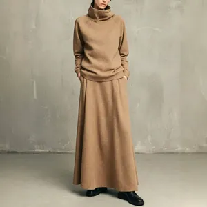 Minimalist camel high-neck sweatshirt and maxi skirt two-piece set for autumn and winter