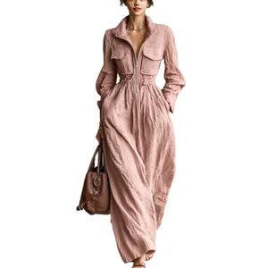 Elegante Franse roze maxi-jurk met rits, lange mouwen en een elastische taille voor dames