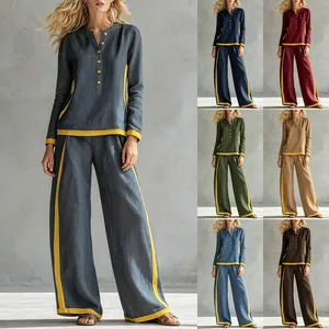 Women Top And Bottom Contrast Color Button Up Long Sleeve Cardigan And Wide Leg Pants Polyester Patchwork Casual Apparel