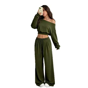 Stylish olive green off-shoulder sweatshirt and high-waisted wide-leg sweatpants set