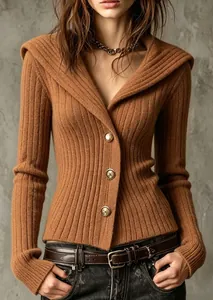 Vue détaillée d'un cardigan en maille côtelée marron ajusté pour femme avec trois boutons dorés