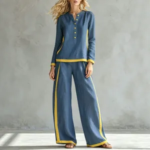 Blue and yellow contrast stitching wide-leg pants set for women with button cardigan