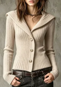 Détail élégant d'un cardigan en maille côtelée beige ajusté avec col châle et grands boutons