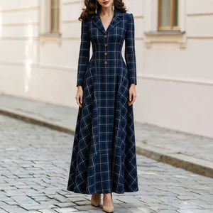 Vrouwen Franse Stijl Geruite Blazer Jurk Lange Mouw Maxi Jurk Herfst Winter Woon-werkverkeer Elegante Revers Jurk