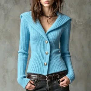 Gilet en maille côtelée bleu clair ajusté pour femme avec col en V et manches longues