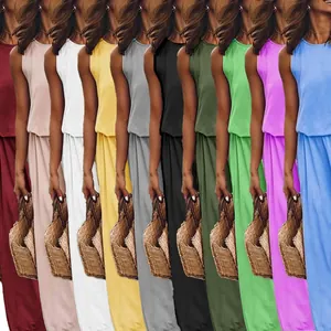 Robe longue d'été sans manches à col rond avec fente latérale en dix couleurs unies