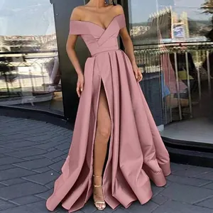 Elegantes schulterfreies Satin-Abendkleid mit V-Ausschnitt und hohem Beinschlitz für Damen