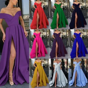Elegantes schulterfreies Satin-Abendkleid mit hohem Schlitz in vielen Farben für Damen