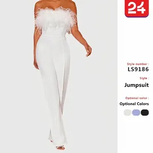 Women Elegant Feather Trim Strapless Jumpsuit Sexy Backless High Waist Wide Leg Romper Party Evening Clubwear Outfit