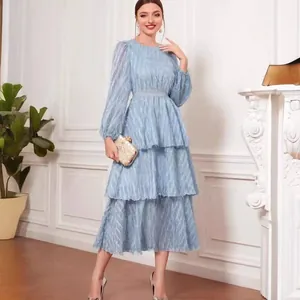 Elegant light blue tiered fringed dress for early spring, French style slim fit midi dress