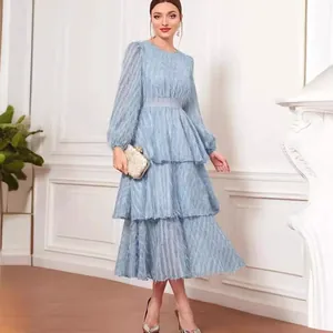 Elegant French style blue fringe tiered maxi dress with long sleeves for women