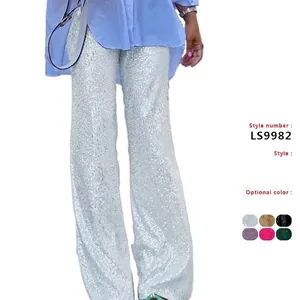Women Fashion Sequin Pants Sparkly Straight Leg Trousers Glitter High Waist Casual Streetwear Party Clubwear Shiny Bottoms