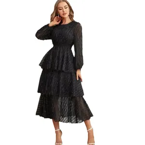 Elegant French retro black tiered lace midi dress for women, slim fit long sleeve