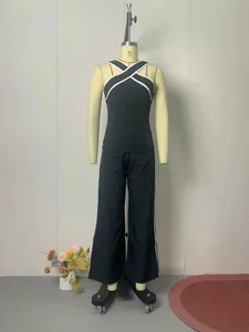 Women's black cross halter neck top and wide-leg pants two-piece set with white trim