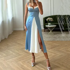 Elegant blue and white color-block camisole midi dress with high slit detail for summer
