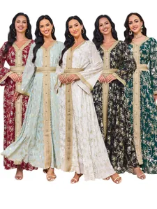 Robe Maxi Abaya Kaftan Élégante pour Femmes avec Bronzage Floral Col en V Manches Évasées Style Moyen-Orient Robe Longue avec Ceinture