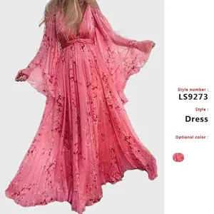 Elegante Roze Bloemen Polyester Maxi Jurk Sexy V-hals Vleermuismouw Geplooide Zwangerschapsjurk Voor Vrouwen Vakantie Feest Fotografie