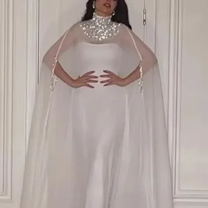 Dames Elegante Pailletten Cape Maxi Jurk Hoge Hals Mouwloos Split Zoom Avondfeest Bodycon Formele Bruidsjurk