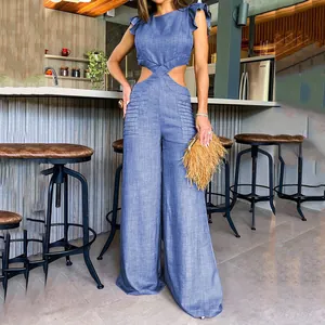 Eleganter blauer Jumpsuit mit Rüschenärmeln und stylischen Taillenausschnitten für den Sommer