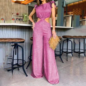 Eleganter rosa Jumpsuit mit Rüschenärmeln, Taillenausschnitt und weitem Bein für den Sommer