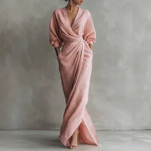 Women Casual V-Neck Pleated Waist Maxi Dress Solid Color Lantern Sleeve Slim Fit Summer Long Dress For Daily Vacation Party