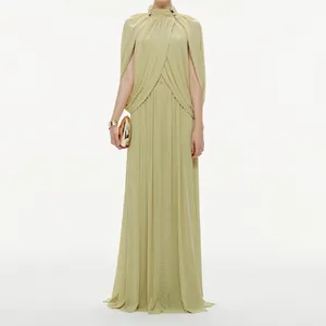 Women's Elegant Round Neck Pleated Chiffon Maxi Dress Sleeveless Slim Fit Cape Style Solid Color Evening Party Long Dress
