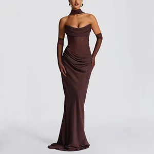 Damen Sexy Gerafft Tube Top Maxi Kleid Ärmellos Schal Detail Drapiert Formal Abend Party Gown Elegant Polyester Kleid
