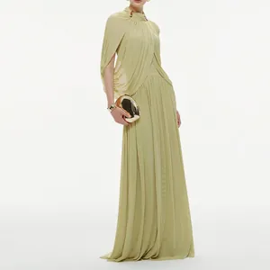 Elegant pleated lime green chiffon maxi dress with draped cape detail and round neck
