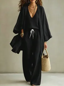 Ensemble 3 pièces noir élégant pour femme avec cardigan long et pantalon large