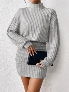 Γκρι ριμπ πλεκτό φόρεμα bodycon με ψηλό λαιμό και μακριά μανίκια μπαλόνι